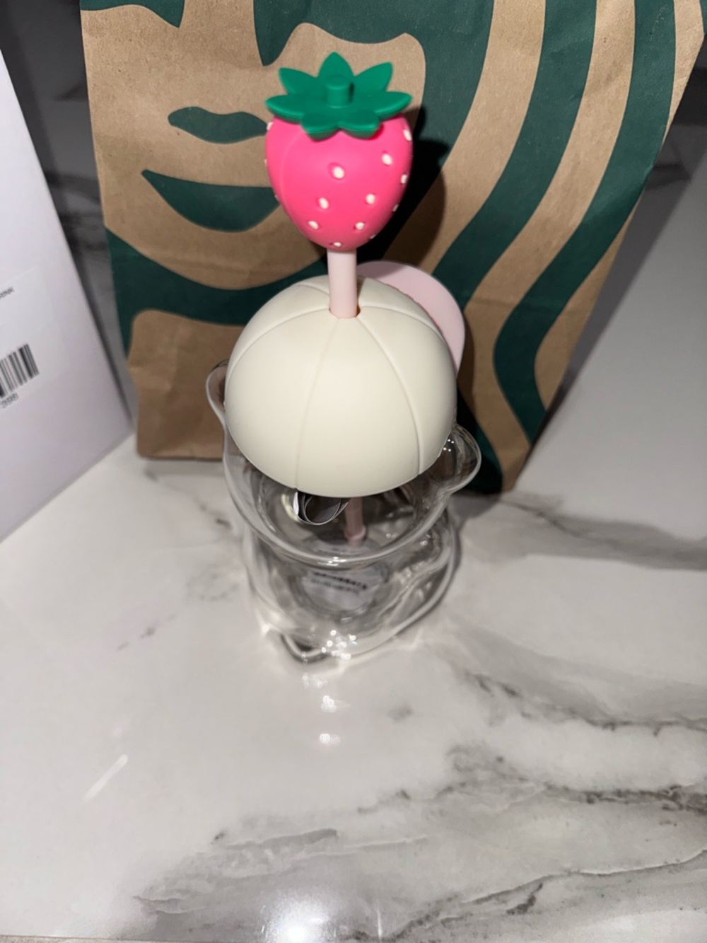 Starbucks Clear Bear Straw Cup with Pink Strawberry Top - Picture 4 of 5